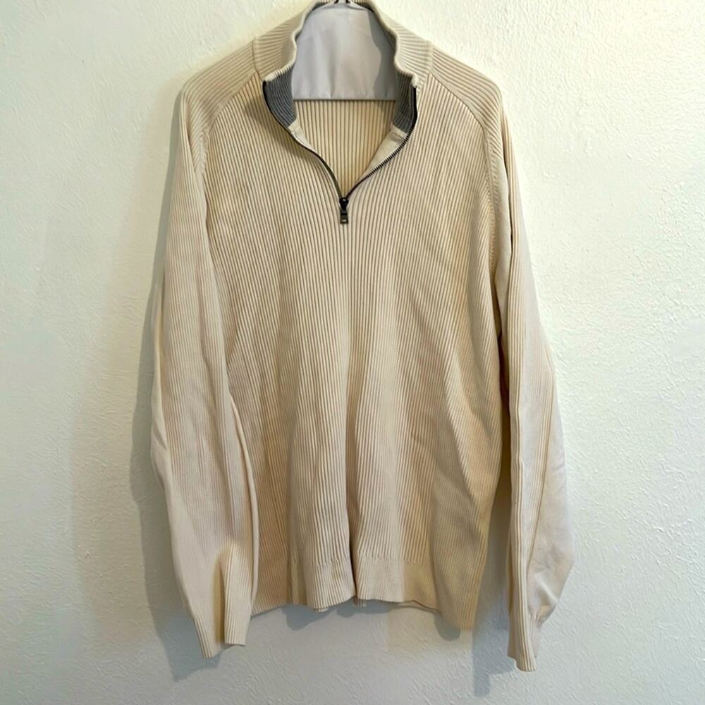 INC Women's SZ XLCream/Gray Collar Long Sleeve 1/4 Zip Rib Knit Sweater Gorpcore